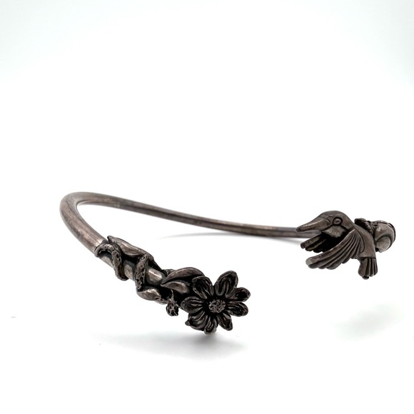 Jewelry - 925 Vintage Floral Hummingbird & Flower Silver Bipass Bracelet